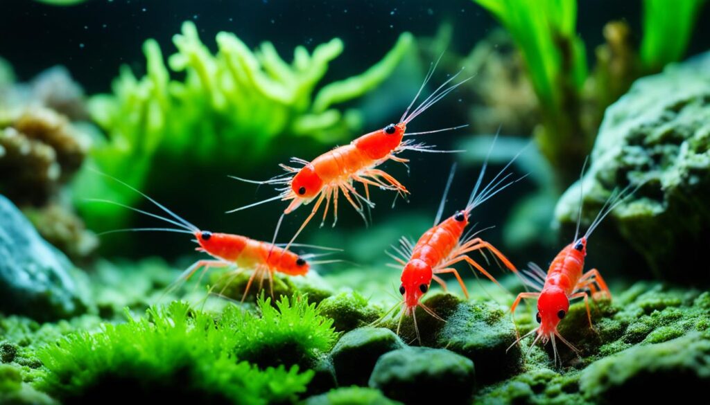 Cherry shrimp grazing on algae