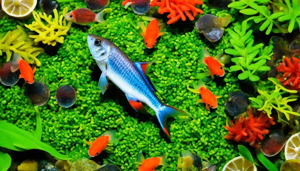 Omnivorous Congo Tetra feeding on a variety of foods