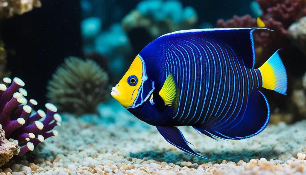 Emperor Angelfish grazing on live rock in aquarium