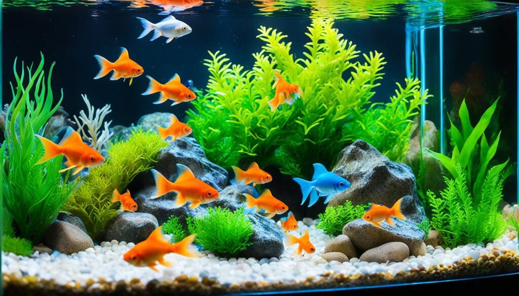 Goldfish enjoying their naturally set up tank environment