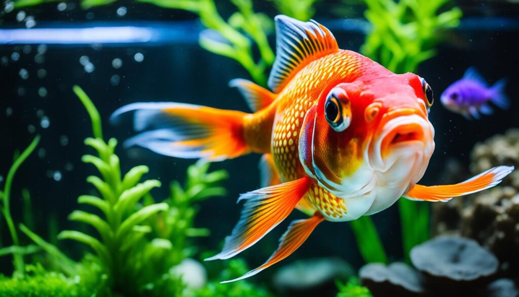 Ryukin Goldfish in beautifully decorated aquarium